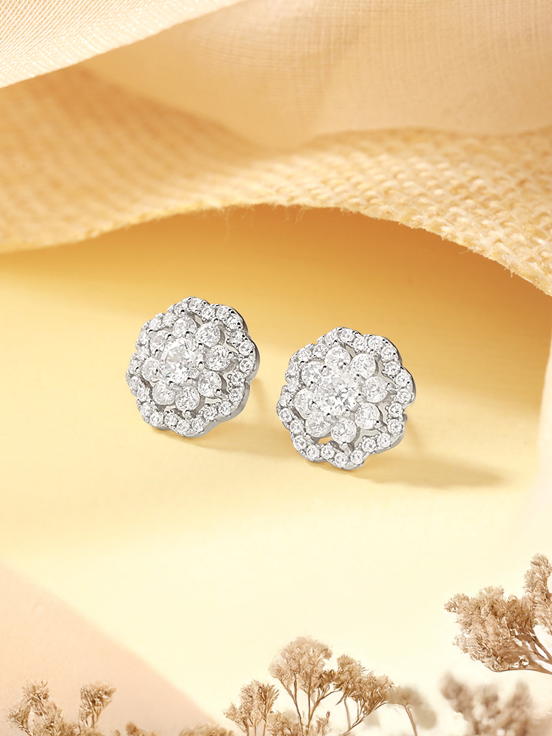 925 Sterling Silver Zircon Studded Floral Studds Earrings
